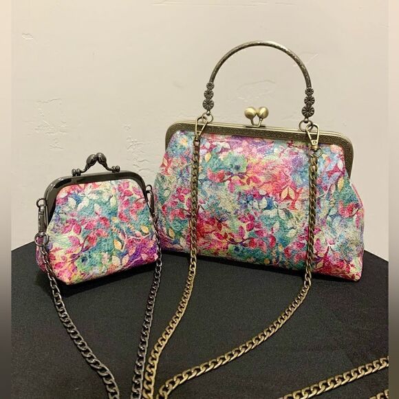 Handmade Genuine Leather Floral Print Kisslock Top Handle bag & Small Purse Set - Picture 1 of 16
